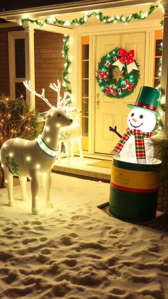 A festive yard decorated for Christmas with reindeer, snowman, and lights.
